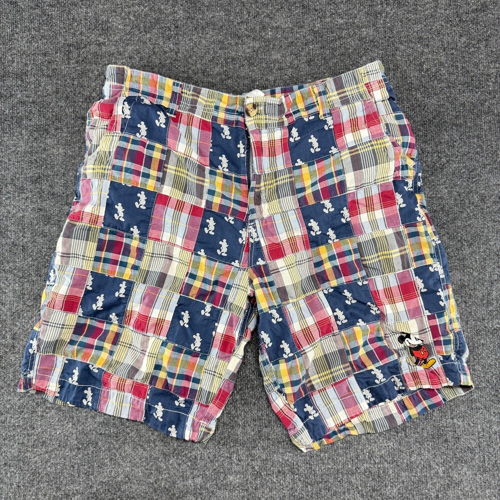 Vtg Disney Parks Shorts Mens 38 Plaid Chino Mickey Mouse Patchwork 9 Inseam